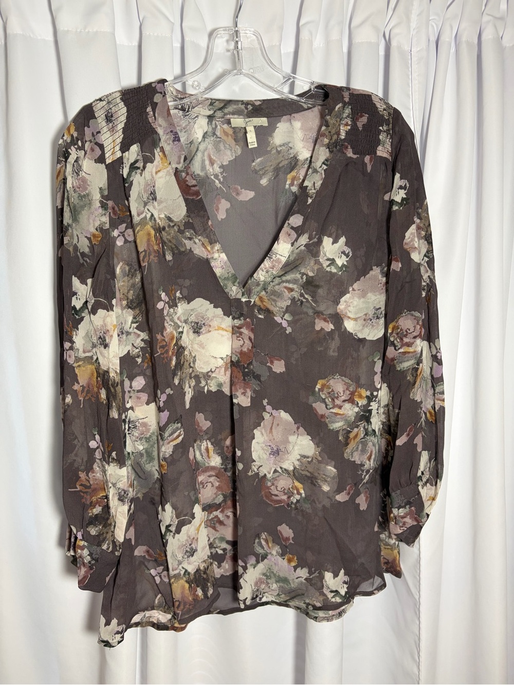 JOIE Silk Taupe Floral Print V-Neck Long Sleeve Blouse size S